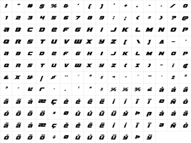 Terran Academy Italic Italic  glyph index