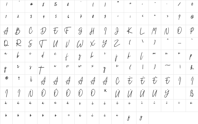 Zalitta Regular  glyph index