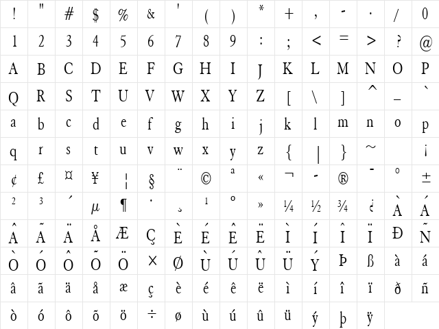 Elephant Condensed Normal  glyph index