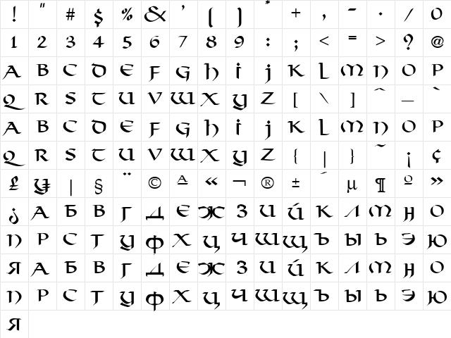 Viking Cyr Regular  glyph index