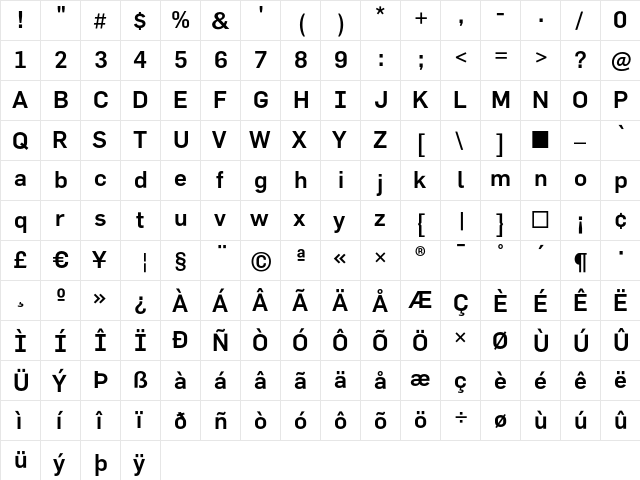 FlamaMedium Regular  glyph index