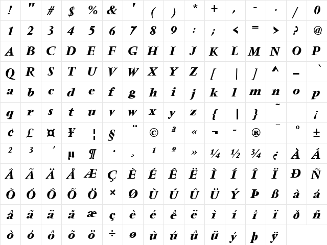 Vendome Bold Italic  glyph index