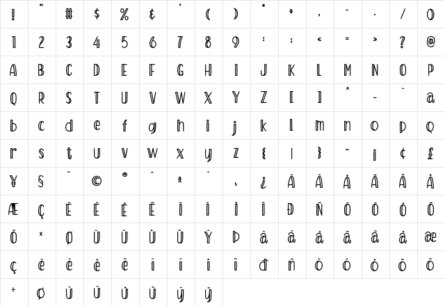 Kartoon Regular  glyph index