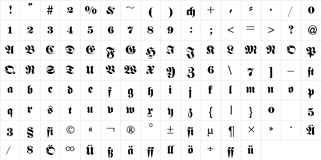 Feta Normal  glyph index