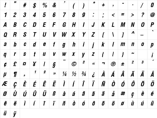Switzerland Condensed Bold Italic  glyph index