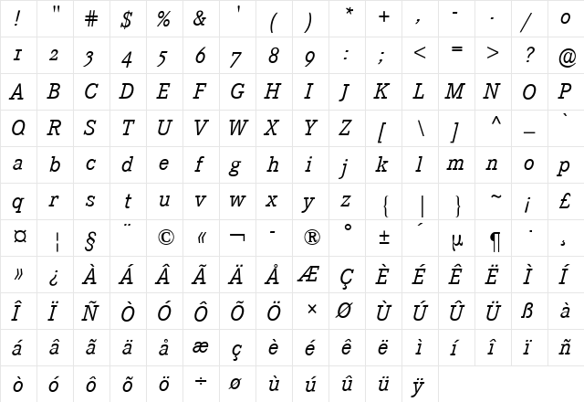 Corporate E Expert BQ Italic  glyph index