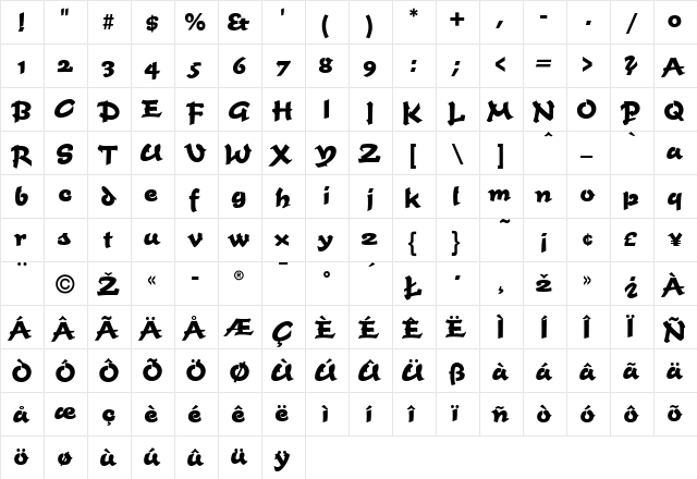 TimeBold Regular  glyph index