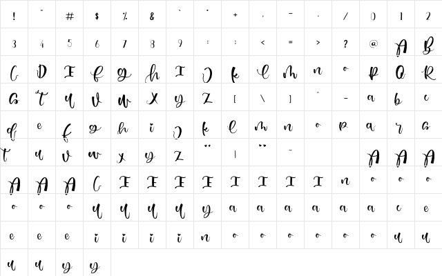 Just Love Regular  glyph index