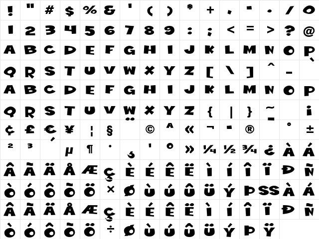 Wild Ketchup BTN Regular  glyph index