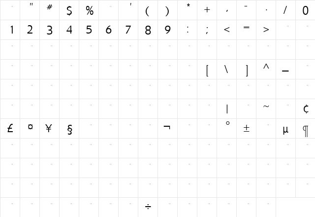 ExtensionLightTab Roman  glyph index