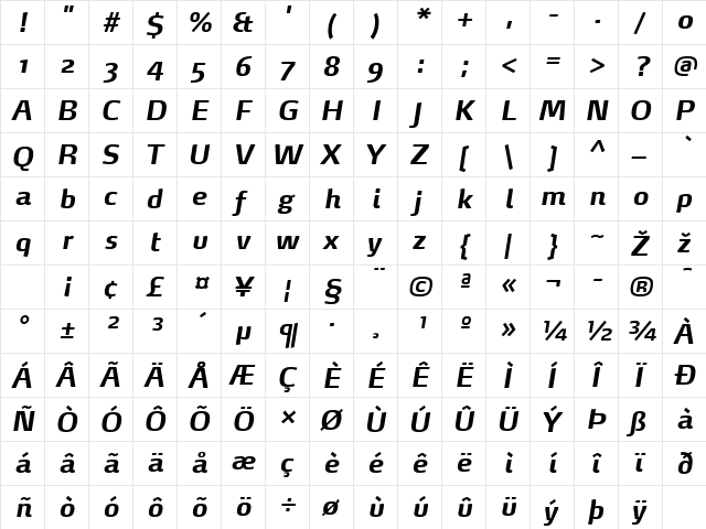 MaxDemiSerif-BoldItalic Regular  glyph index