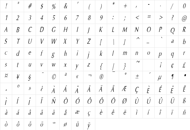 EternaCondensed Oblique  glyph index