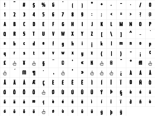 Tasse Regular  glyph index
