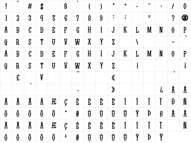 Yatsurano Western Regular  glyph index