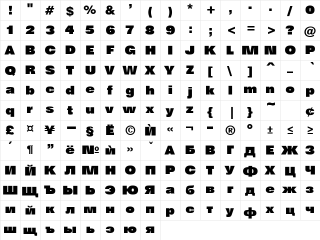 HebarExtraBlack Regular  glyph index