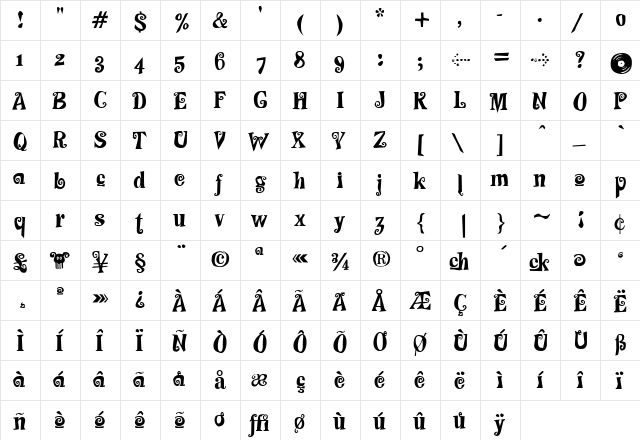 F Regular  glyph index