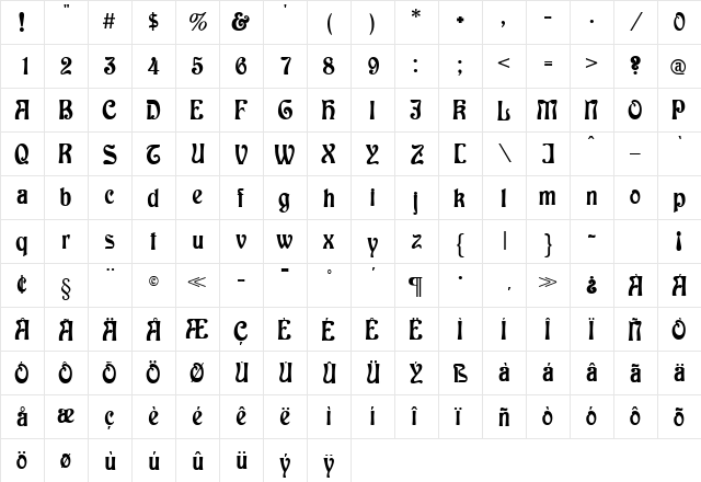 Baldur Regular  glyph index