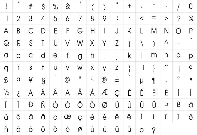 AvantGarde-Book Th Regular  glyph index