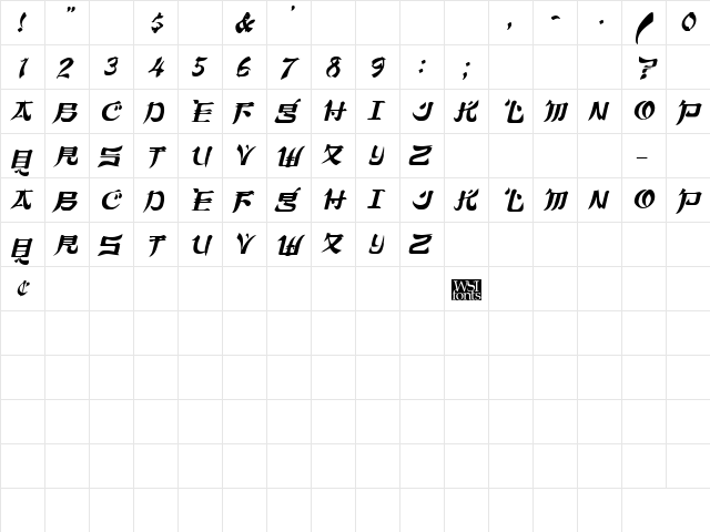 TokyoCaps Italic  glyph index