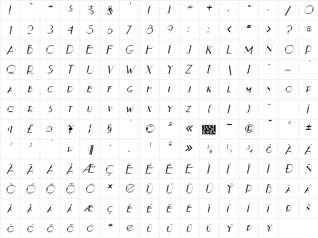 NouveauAsta Italic  glyph index
