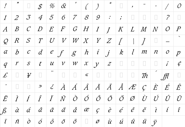 Caxton Light Italic Plain  glyph index