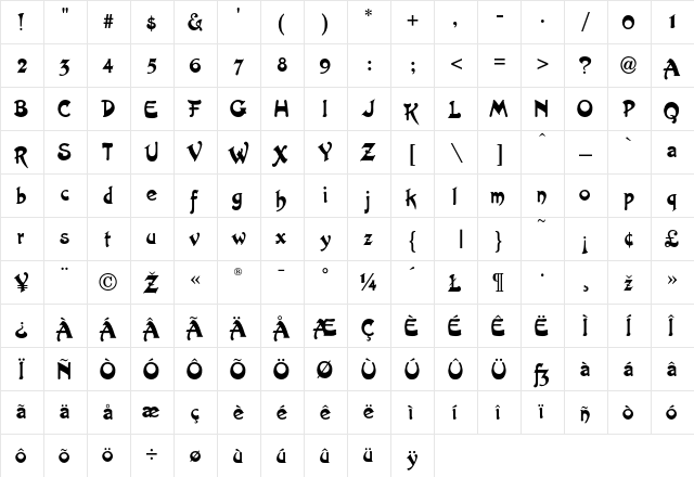 Artistik Regular  glyph index