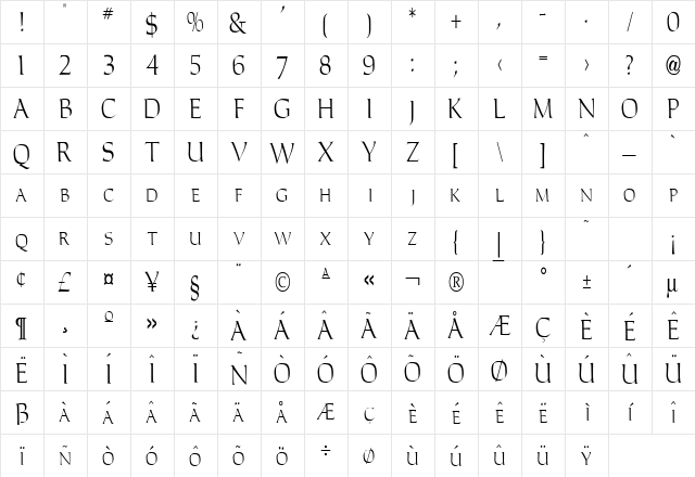 Carla Thin Normal  glyph index