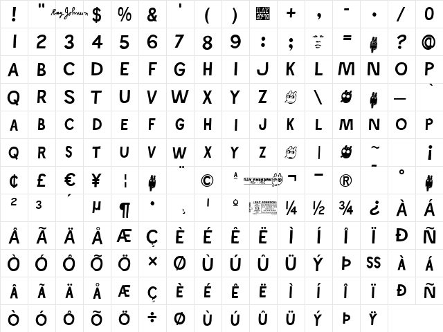 Ray Johnson Regular  glyph index