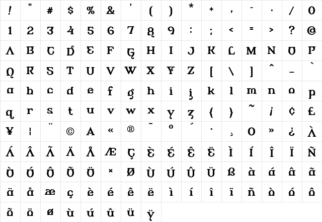Alembic BoldTwo  glyph index
