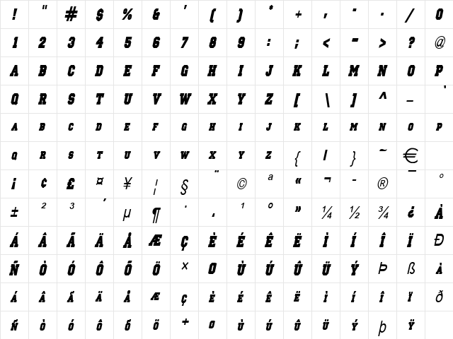 PrincetonSolidCondensed Italic  glyph index