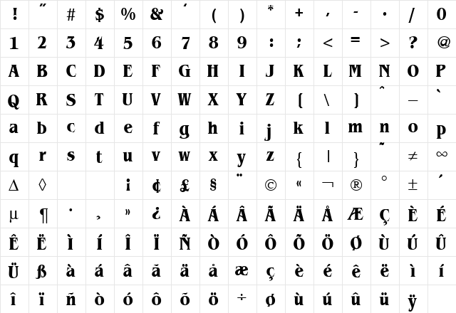 BenjaminCond Bold  glyph index