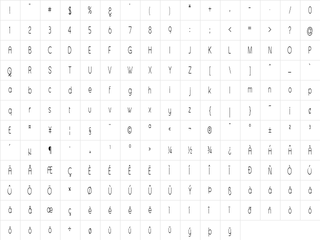 Asenine Super Thin Regular  glyph index