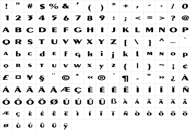 Peignot-Demi-Bold Ex Regular  glyph index