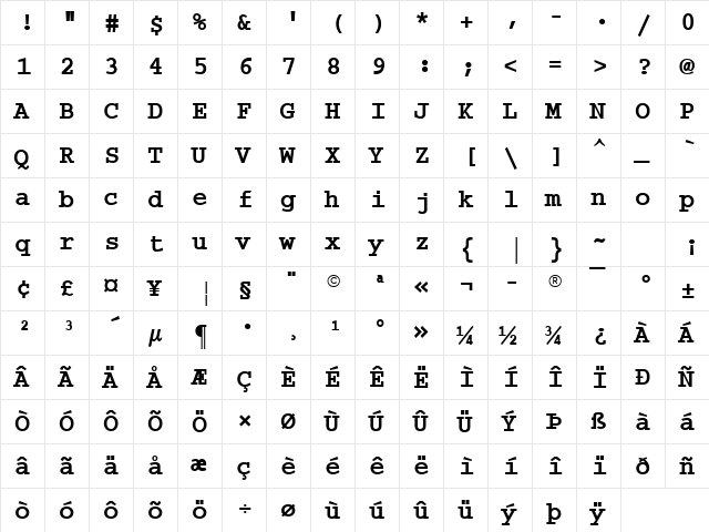 Dark Courier Bold  glyph index