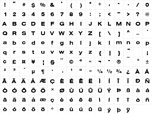 Nimbus Sans Becker TExt Bold  glyph index