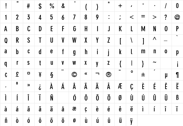 Parallax Grotesk SSi Bold Condensed  glyph index