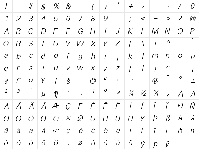 NovaLightSSK Italic  glyph index