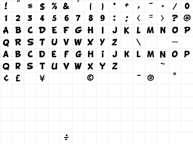 BD Cartoon Shout Regular  glyph index