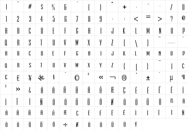 UltraCondensedSansSerif Regular  glyph index