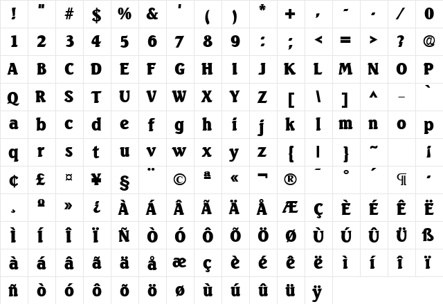 Seabird Heavy SF Bold  glyph index