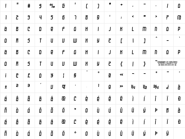 Armorica Oblique  glyph index