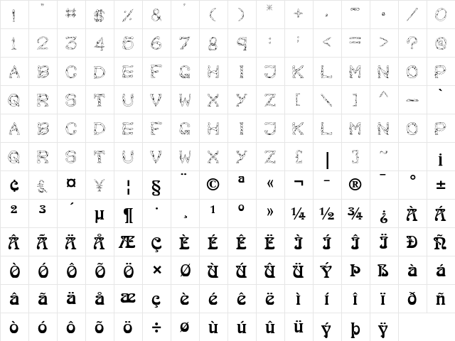 Sinew Regular  glyph index