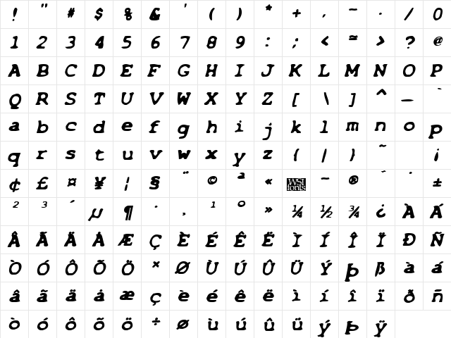 BleachedHeavy Italic  glyph index