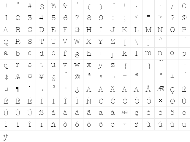 AmTypewriterITCTT Light  glyph index