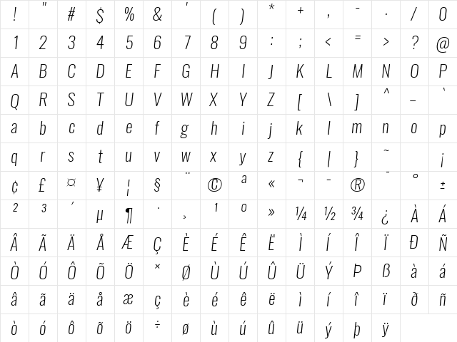Oswald Extra-Light  glyph index