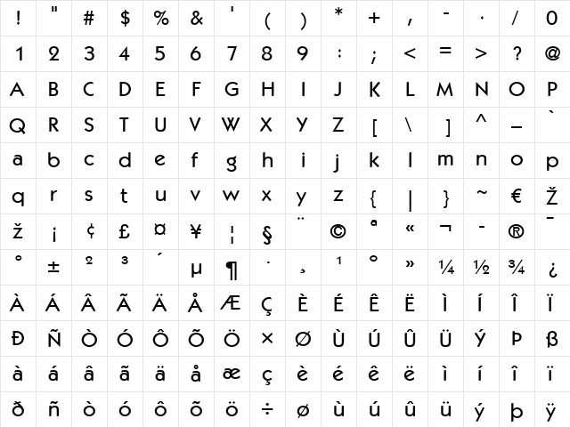 ITCKabel LT Medium Regular  glyph index