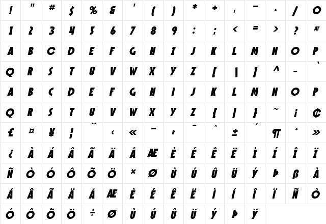 SF Speakeasy Oblique  glyph index