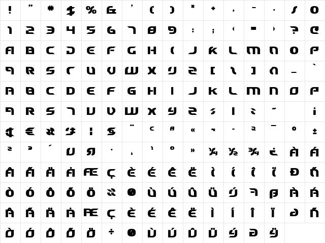 Starfighter Cadet Bold Bold  glyph index