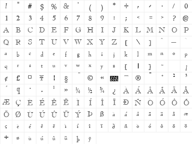 CasqueOpenFace Regular  glyph index