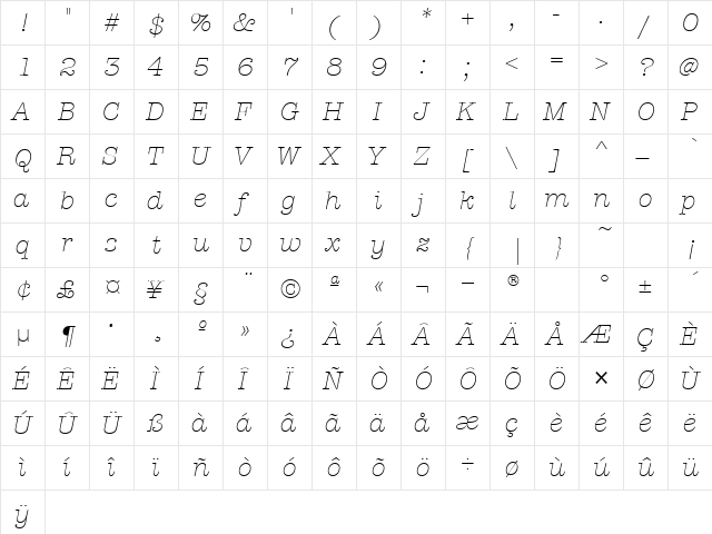 AmTypewriterITCTT LightItalic  glyph index